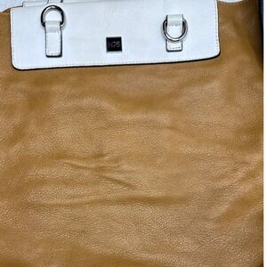 N75 Leather Tote Bag Large Tan Brown Black Trim White Handles Designer Italian